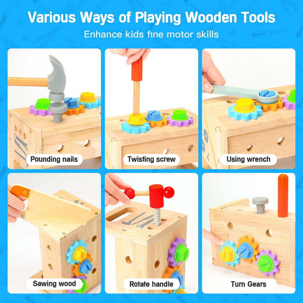 Hieoby wooden hammer strengthens fine motor control during pretend building.