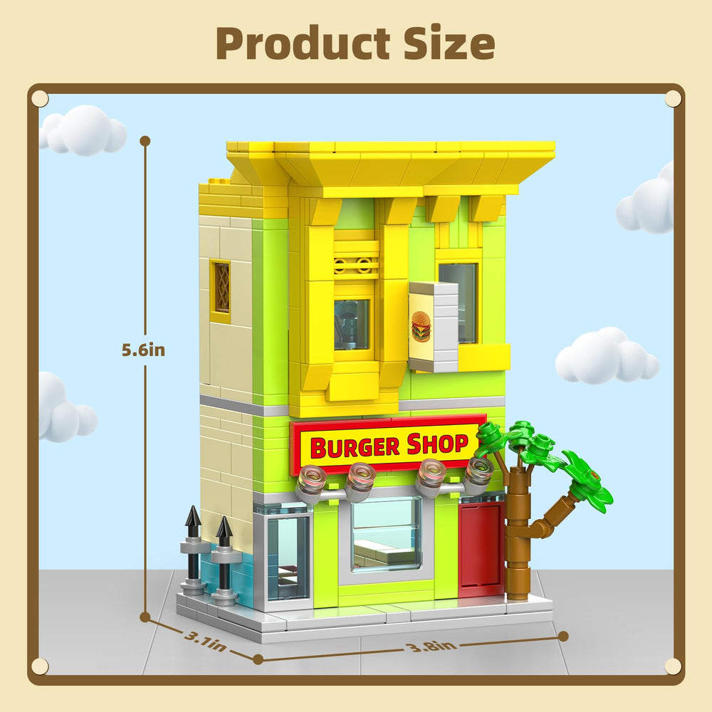 HIGH GODO City Burger Shop building set shows checkout counter and menu board for an authentic cafe vibe