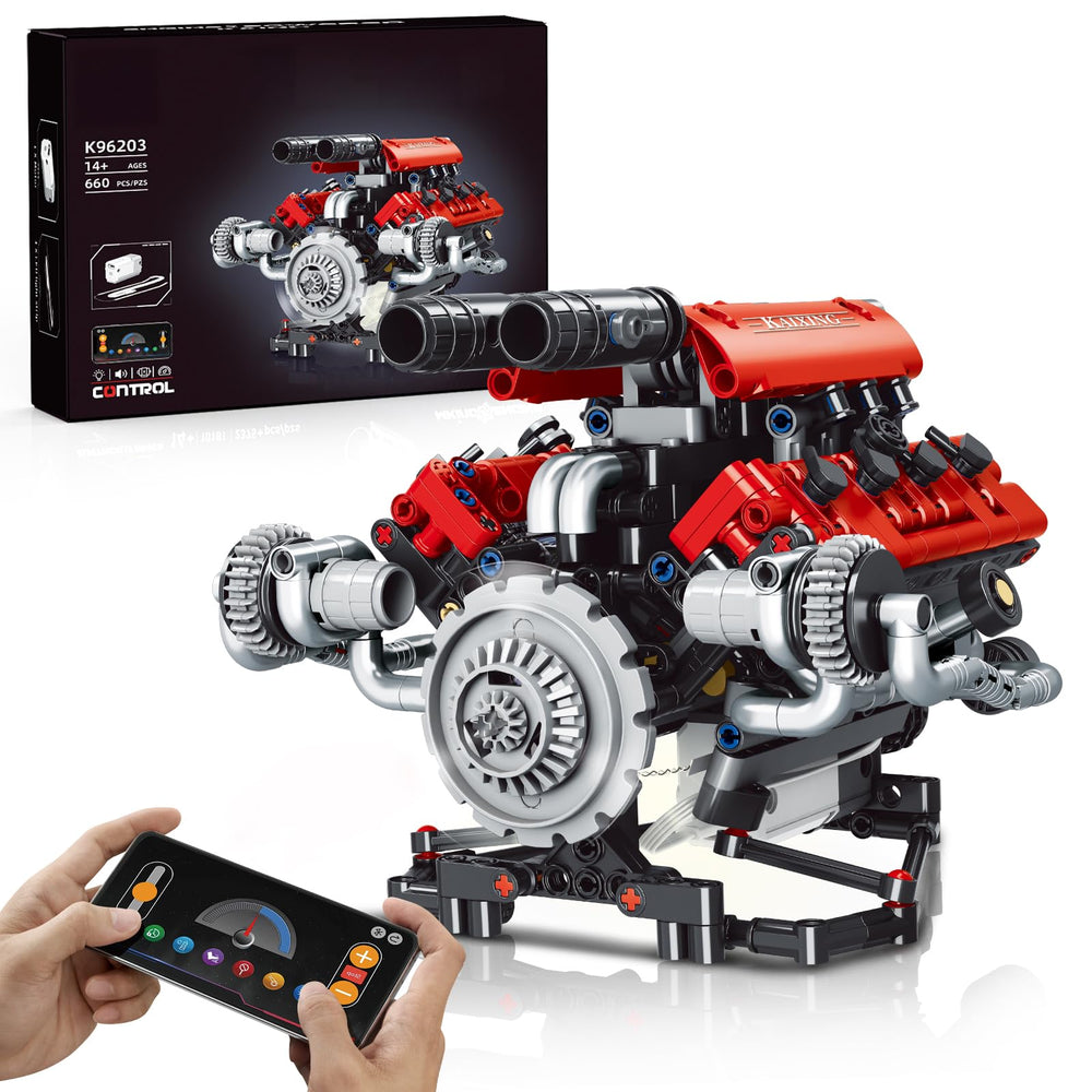 HIGH GODO V8 engine model with motor and LEDs for hands-on STEM learning.