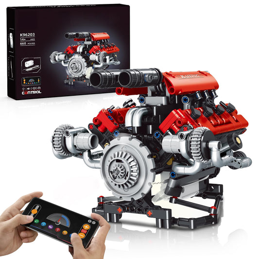 HIGH GODO V8 engine model with motor and LEDs for hands-on STEM learning.