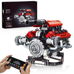HIGH GODO V8 engine model with motor and LEDs for hands-on STEM learning.