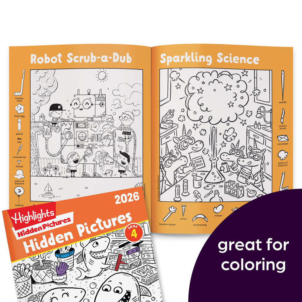 Highlights Hidden Pictures 2026 32-page illustrations provide varied puzzles that kids can tackle independently.