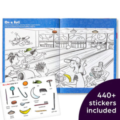 Highlights kids placing stickers on hidden objects to boost focus and fine motor skills.