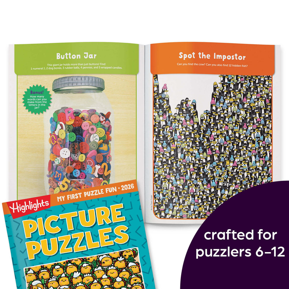 Word Puzzles pages with crosswords and scrambles from Highlights 2026 set