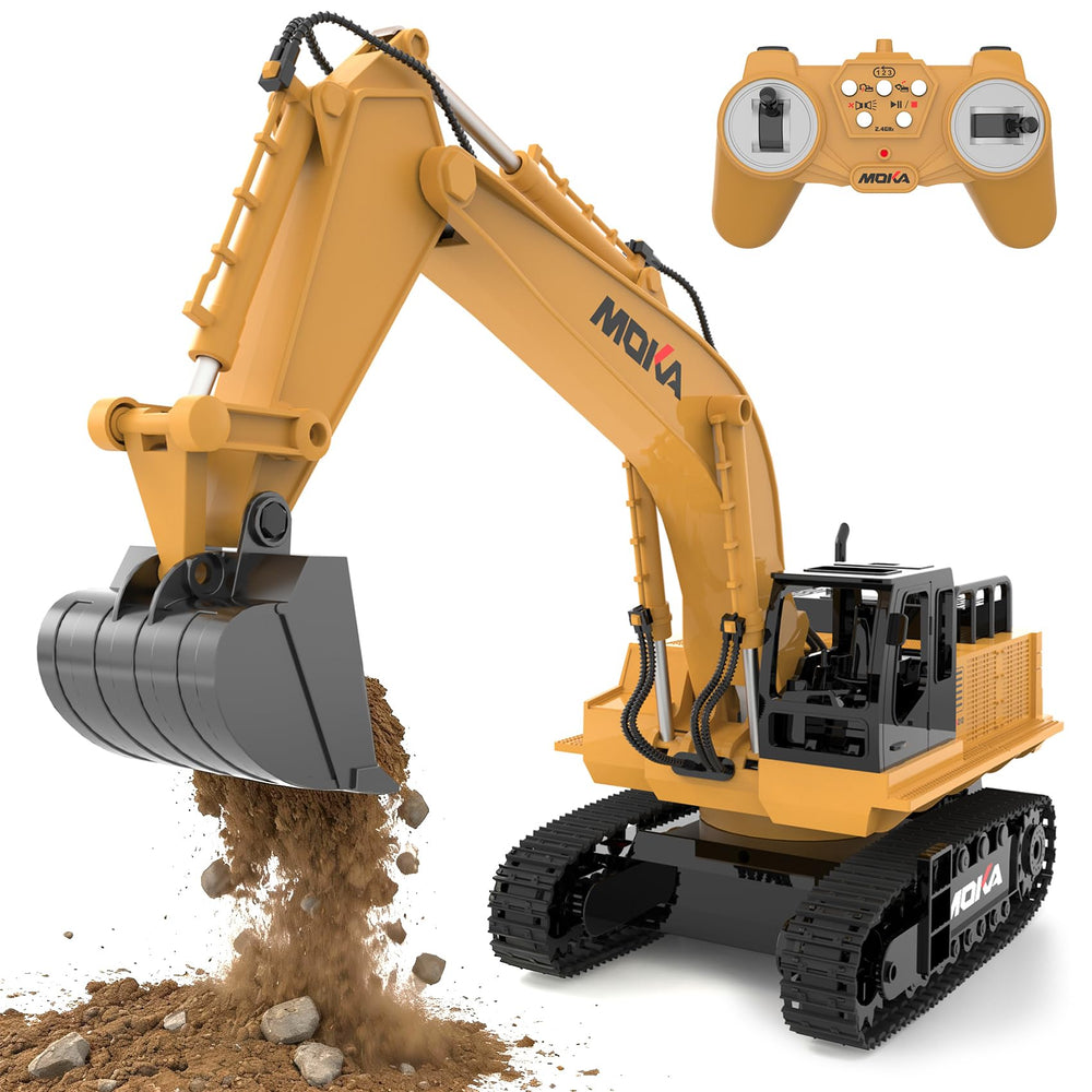 Highmall remote control excavator with 11-channel control for precise operation.