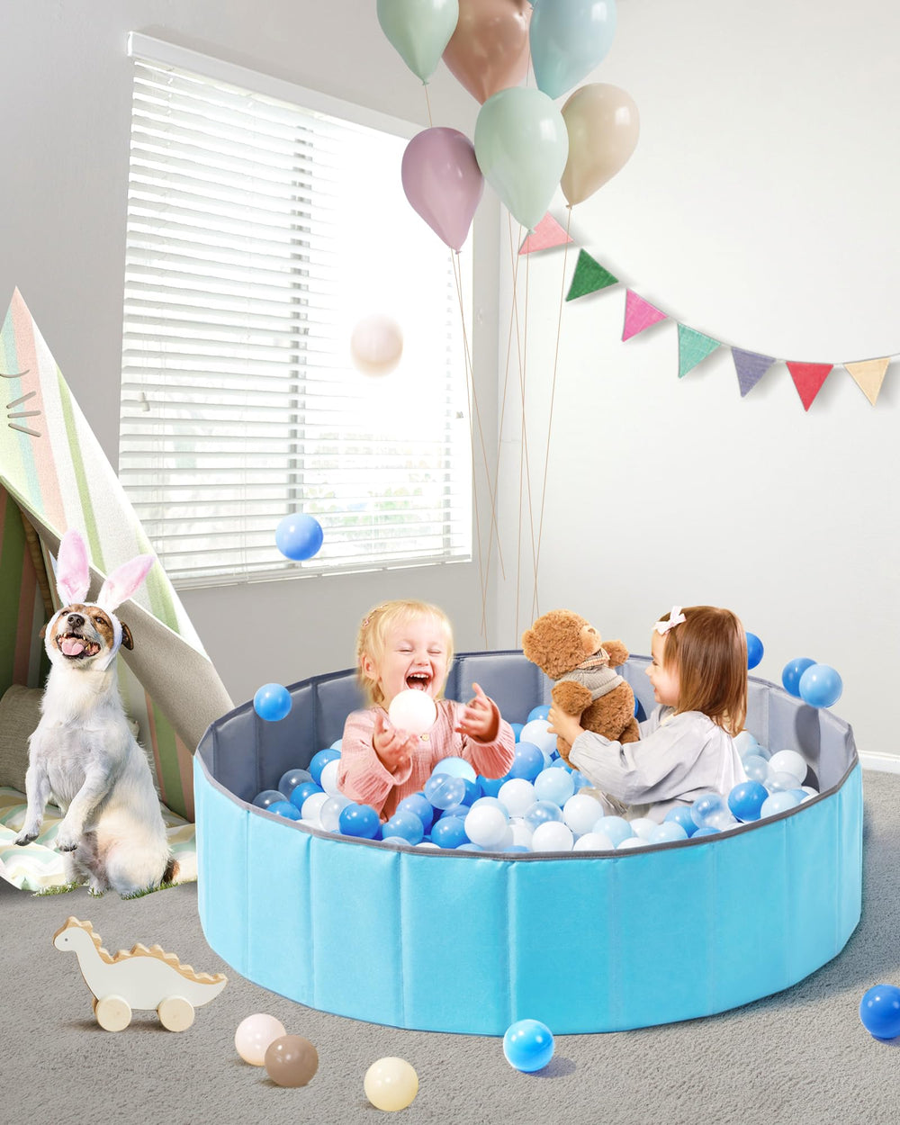 Hikiddy kiddie playpen ball pool offers a soft space for imaginative play.