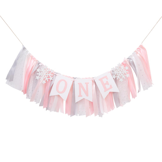 HIKLO Winter Onederland banner with pink snowflakes, ideal for a 1st birthday photo backdrop
