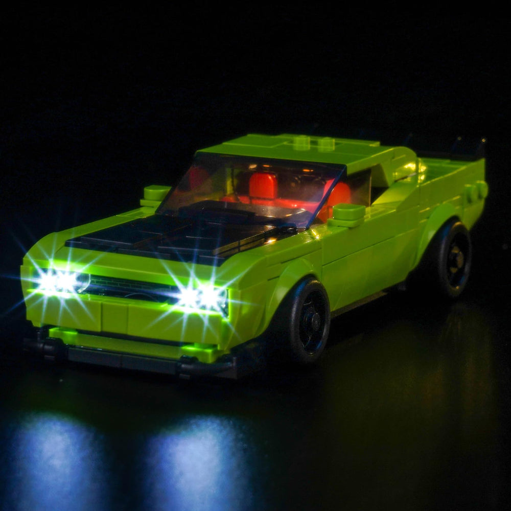 Hilighting LED kit installed on LEGO Dodge Challenger SRT Hellcat for vibrant, eye catching illumination