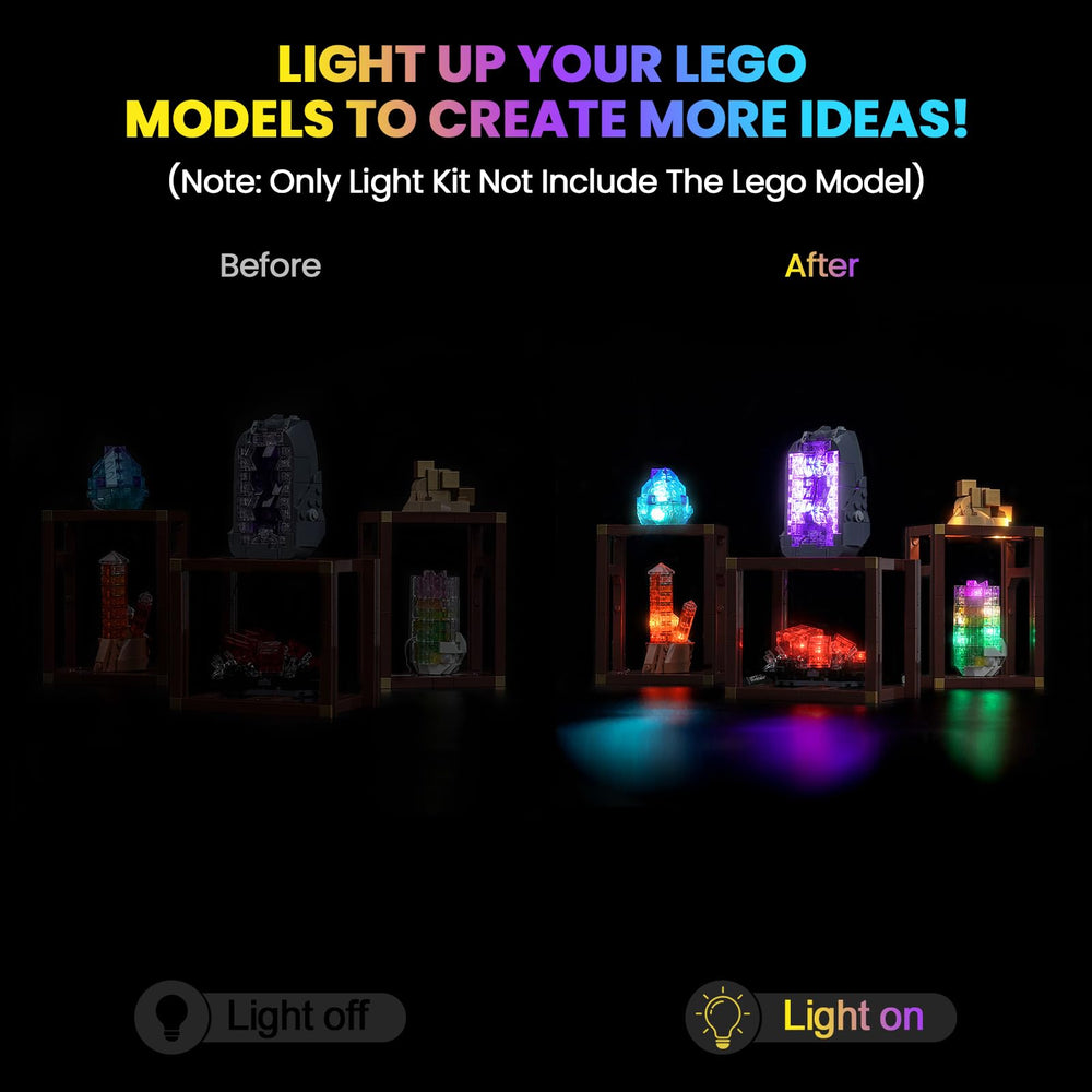 Hilighting LED light kit in use with Lego Mineral Collection showcases vibrant illumination for playtable setups.