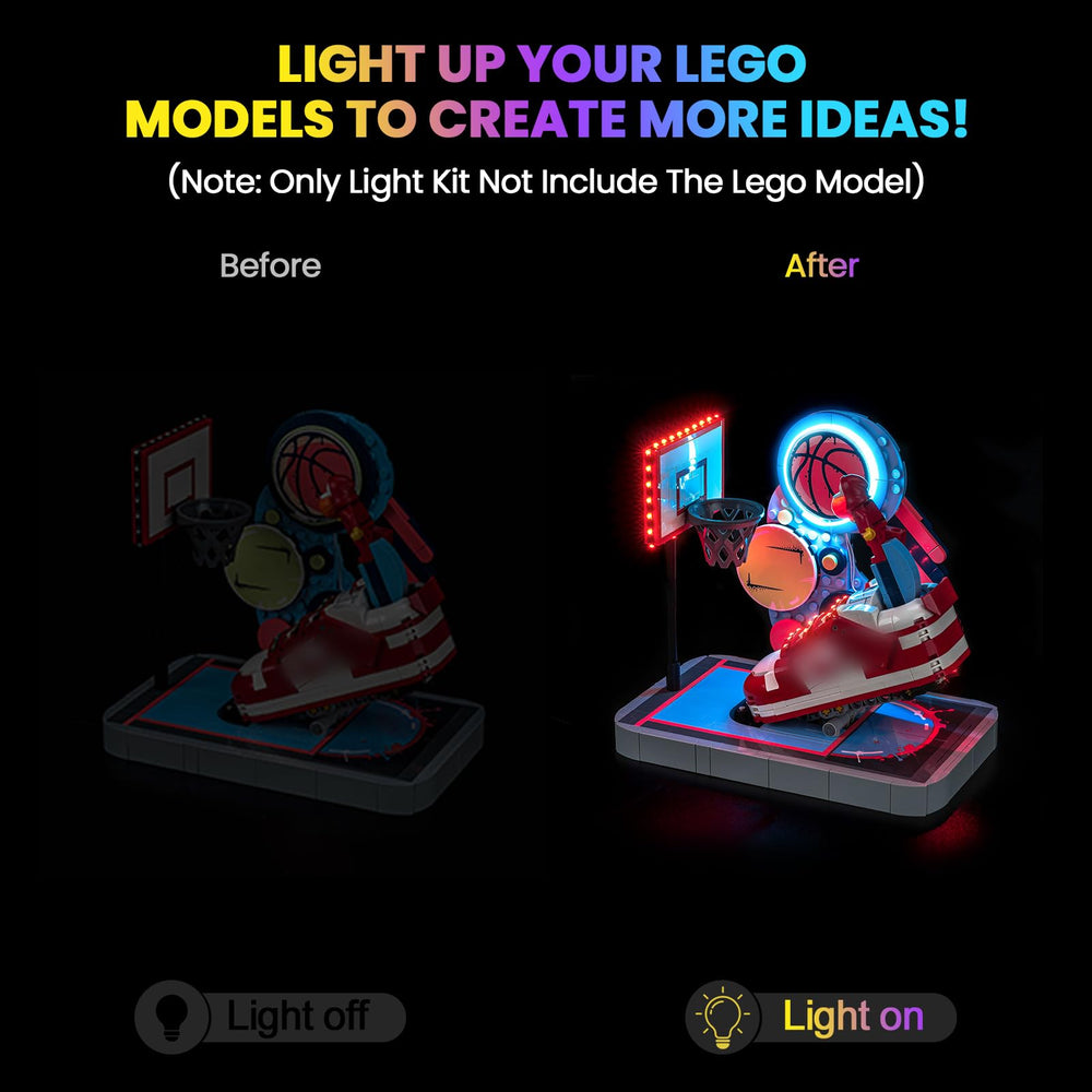Hilighting LED light kit with easy installation transforms Lego Nike Dunk Trickshot with captivating glow