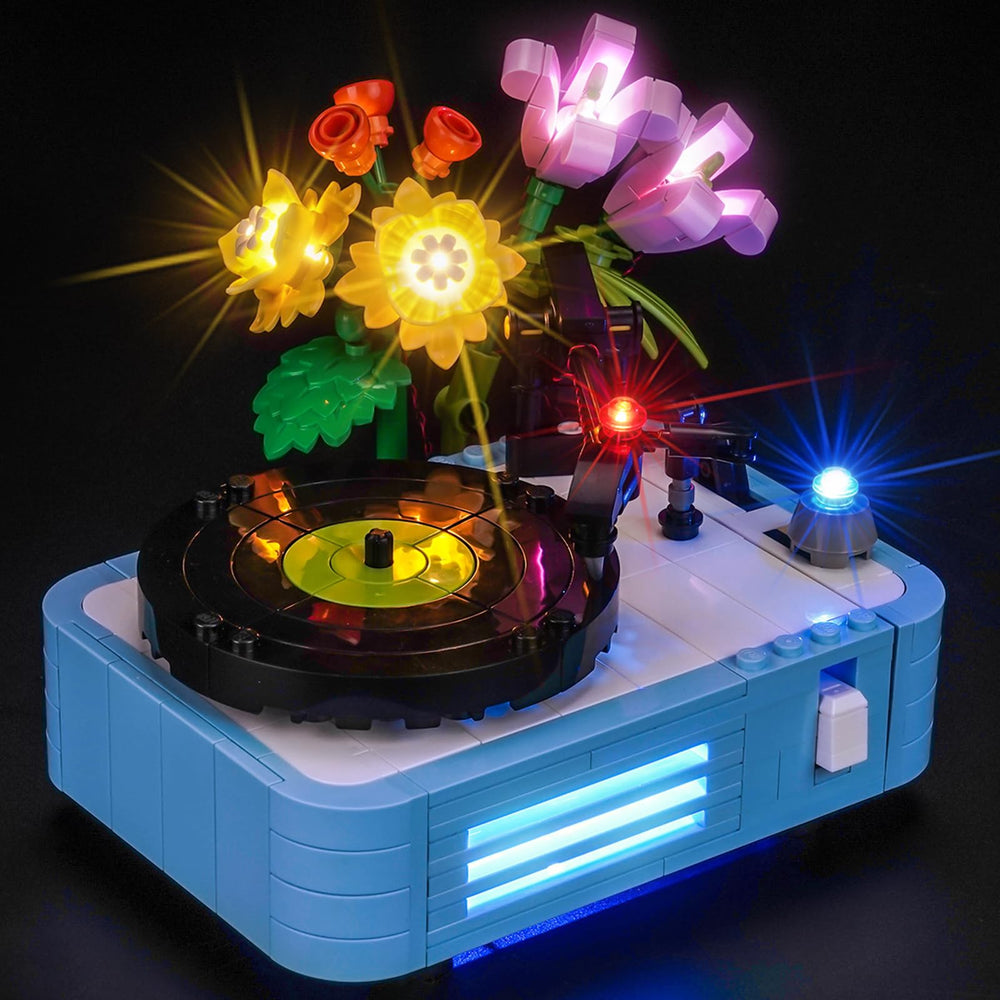 Hilighting LED light kit on Lego Record Player with Flowers front view highlights vibrant illumination