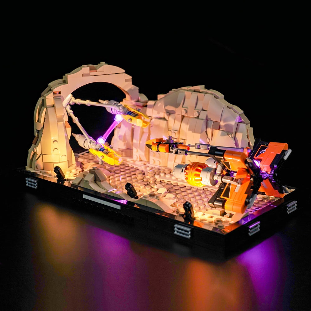 Hilighting LED light kit Mos Espa diorama close-up showing vivid illumination