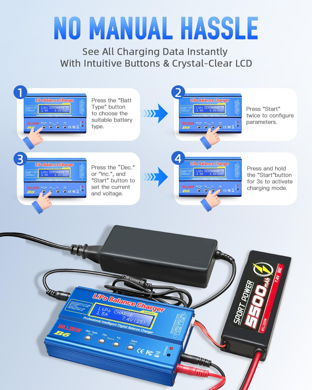 Hilldow B6 supports LiFe and multiple cell counts for versatile charging
