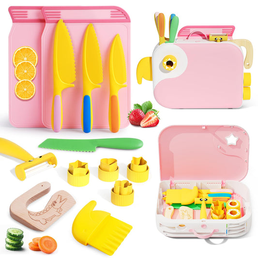 Hilsoeet kids kitchen knife set with storage box pink for organized play