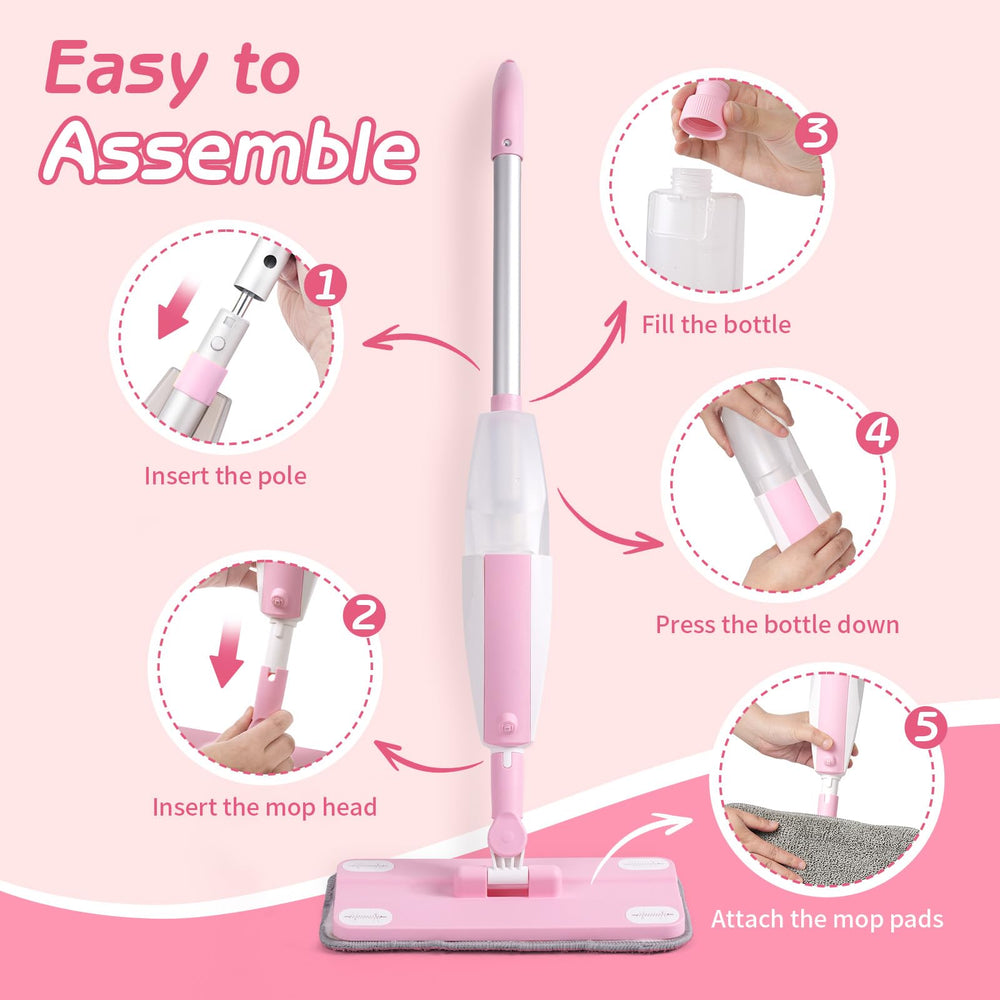 Hilsoeet Kids Spray Mop Pink demonstrates detachable rotating head for reaching corners.