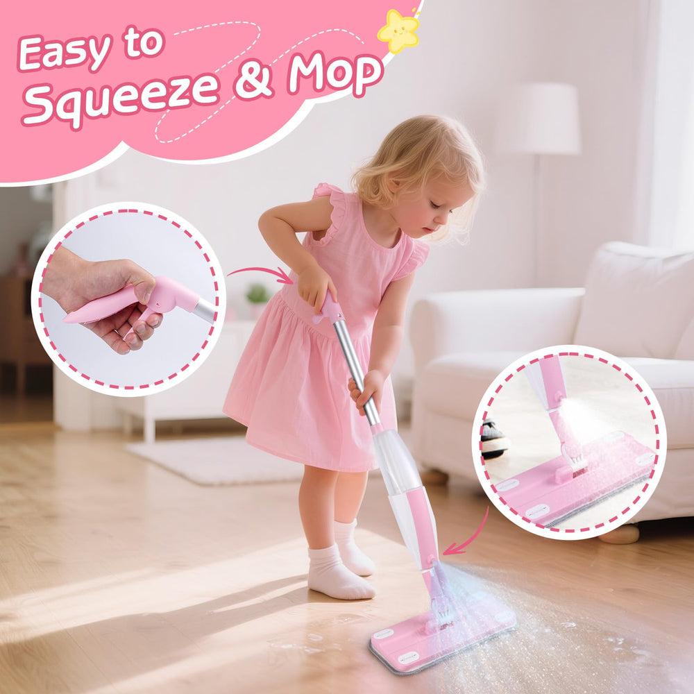 Hilsoeet Kids Spray Mop Pink with squeezable spray trigger promotes mess-free pretend cleaning.