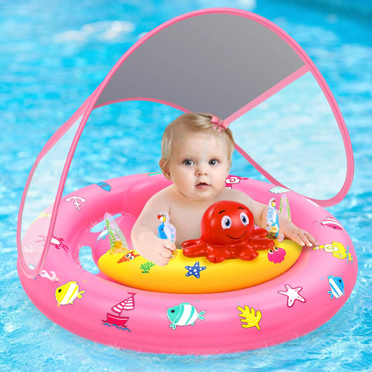 HINZER baby float with canopy closeup showing sun protection and play