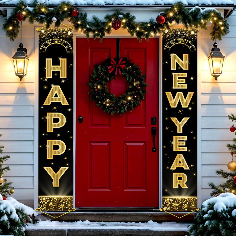 HiParty Happy New Year banner with golden rods, ideal for eye-catching entryway décor.