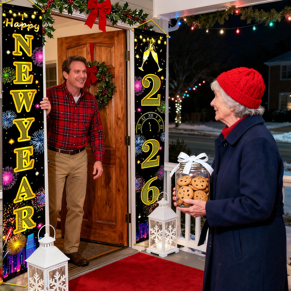 HiParty door entrance decor with NYE banner.