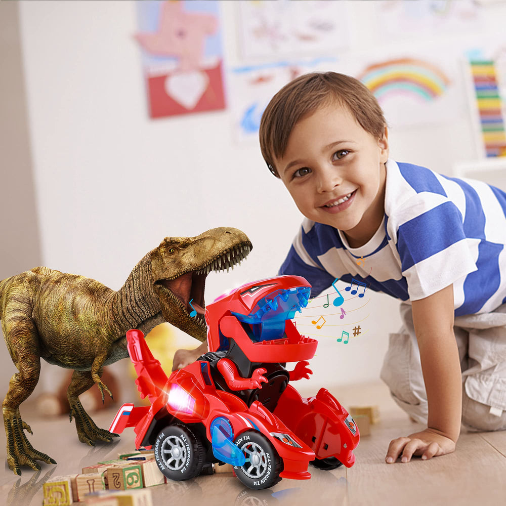Hirger transforming dinosaur car with LED lights for vibrant play.