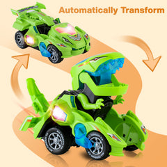 Hirger transforming dinosaur car toy in dinosaur mode with glowing LED lights for night play