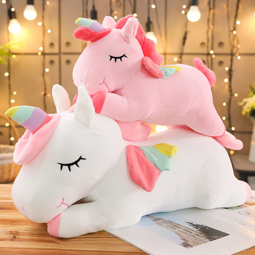 Hitoshe unicorn plush available in multiple sizes for beds, desks, and playrooms.