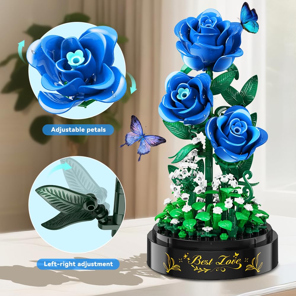 HiWEEGO blue rose bouquet on home decor shelf
