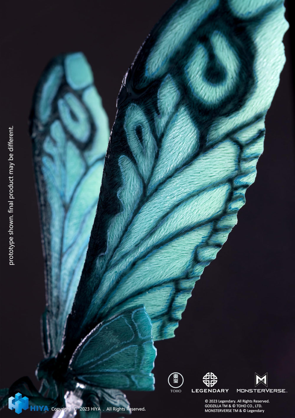 Hiya Toys Mothra Emerald Titan sculpted details enhance display realism.
