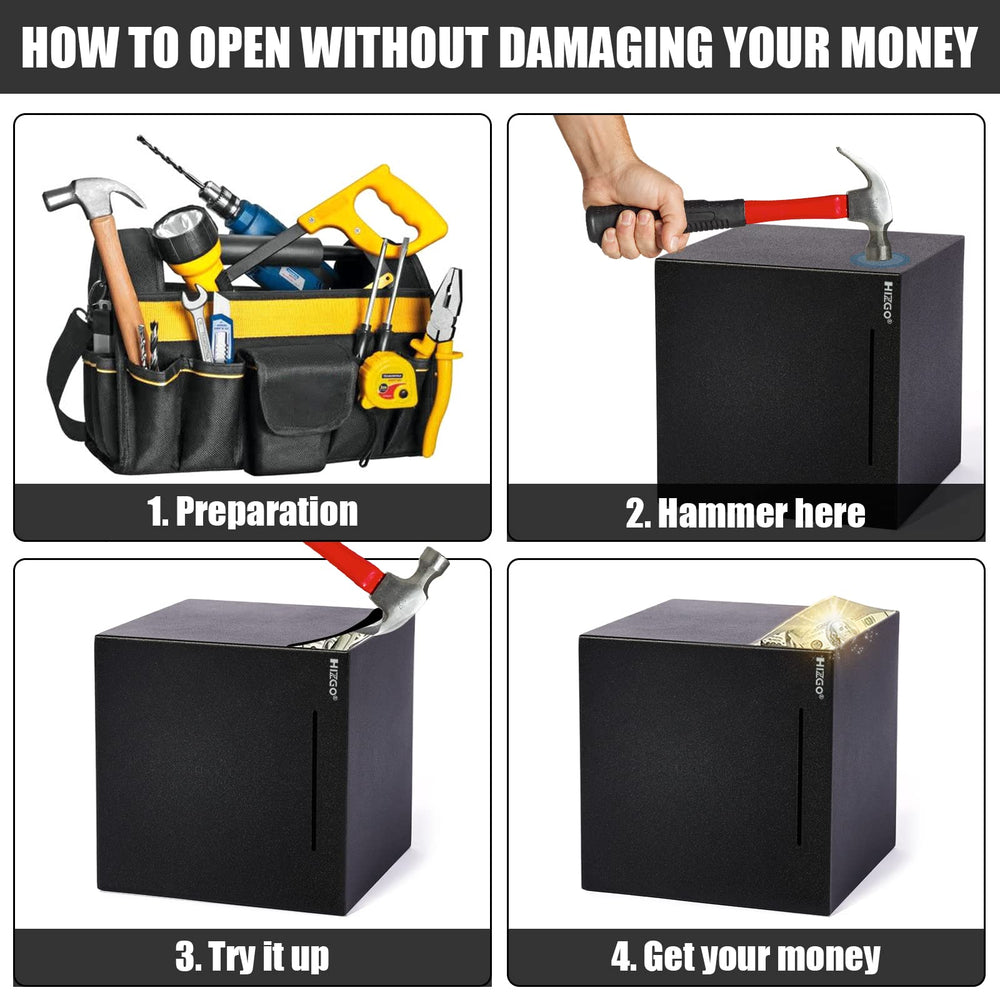 Hizgo piggy bank opening with hammer showing break-to-open concept.