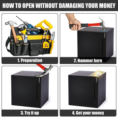 Hizgo piggy bank opening with hammer showing break-to-open concept.