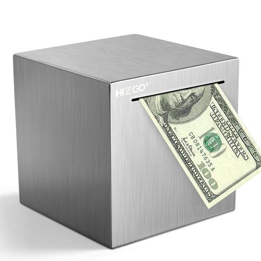 Hizgo stainless steel piggy bank with six-sided closure for secure savings