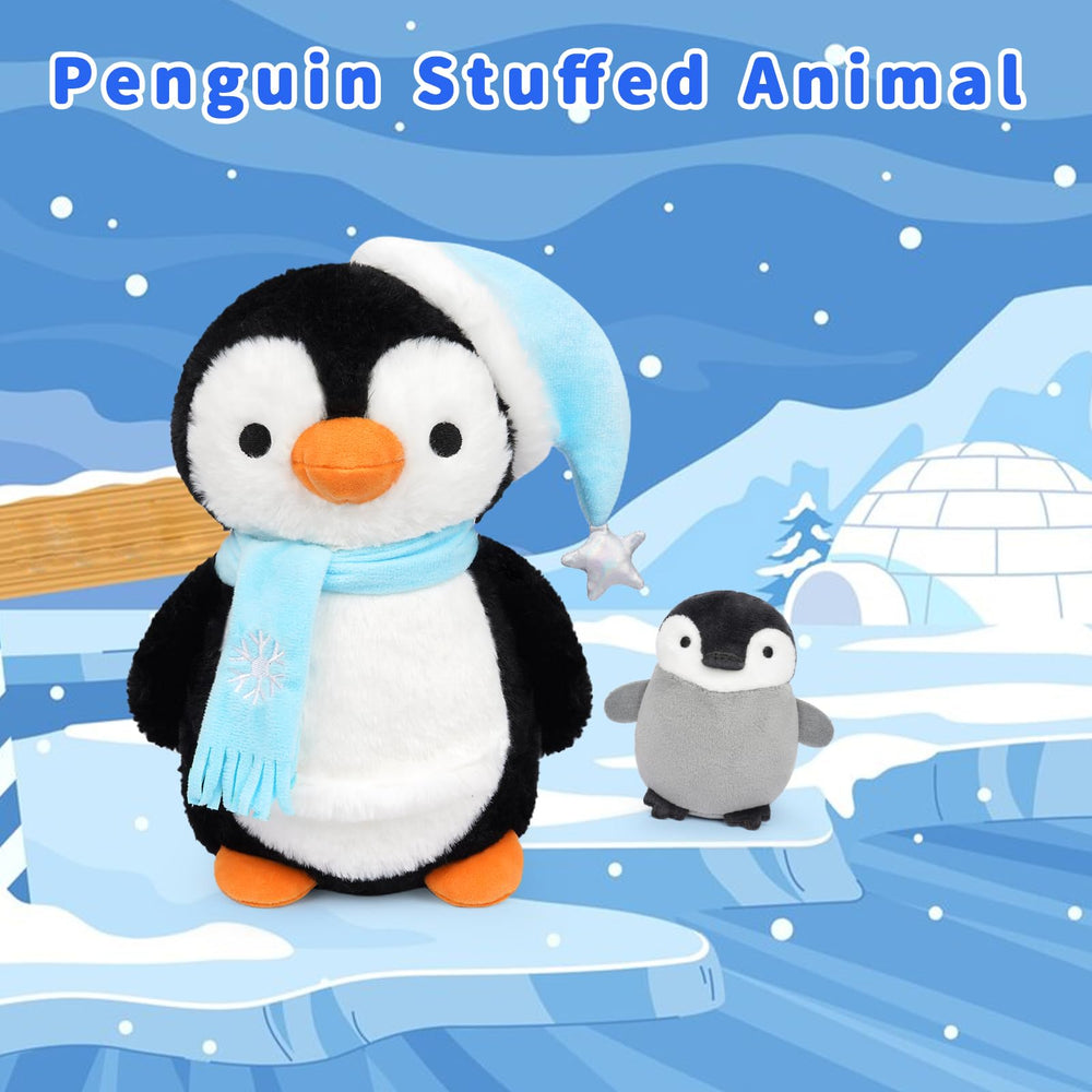 Hkojewp penguin plush with blue scarf, cozy winter play accessory for kids.