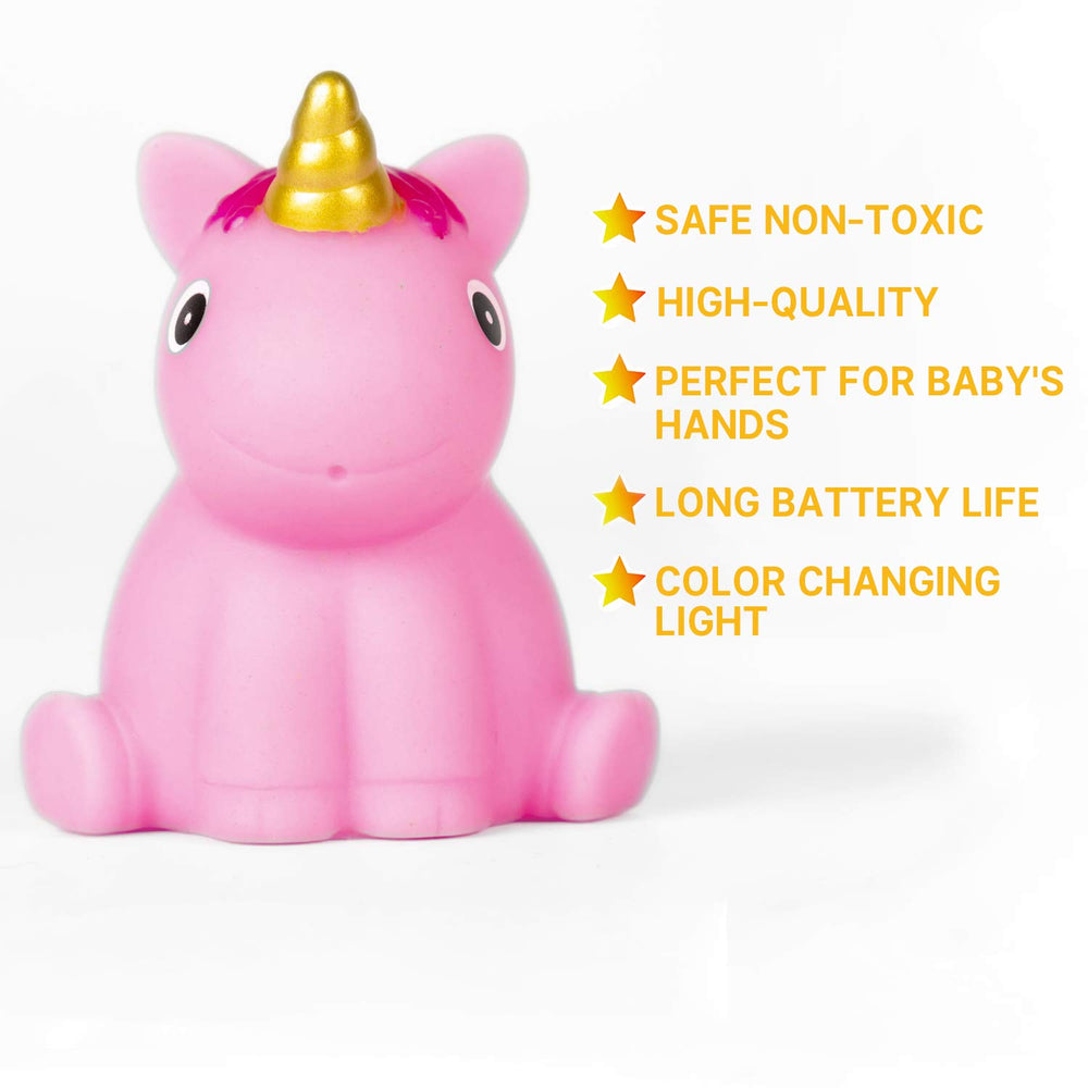 HLXY unicorn bath toy flashes bright colors for magical bath play.