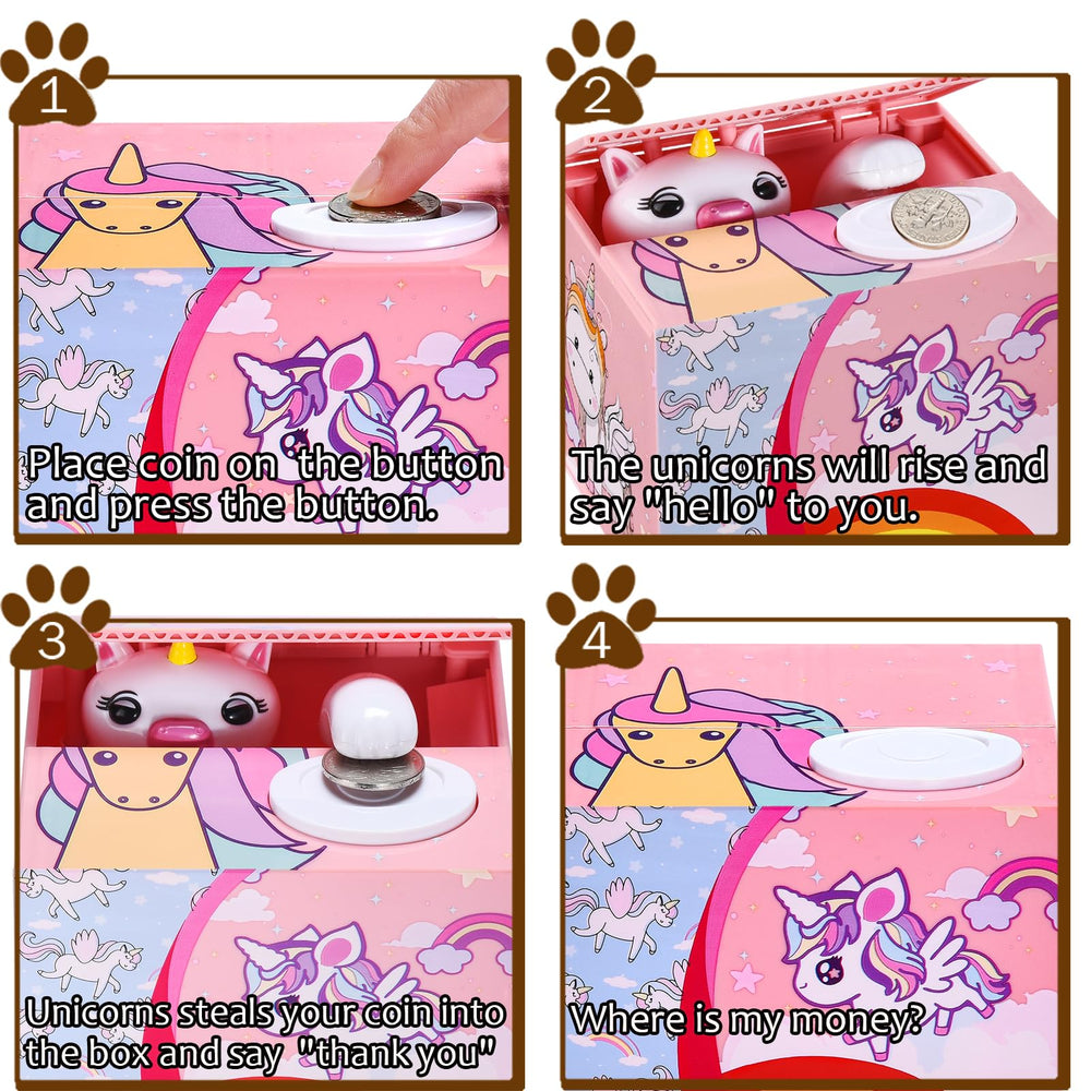 HmiL-U Unicorn Money Bank shows coin-on-top plate for easy deposit