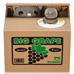 HmiL-U Grape Cat Piggy Bank greets kids when coins are placed on the plate