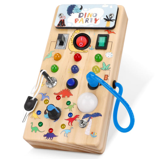 Hoarosall Dinosaur Busy Board with 8 LED switches engages fine motor skills during play.