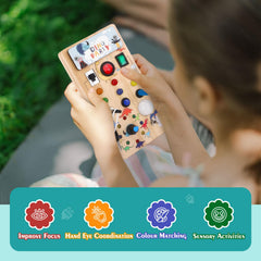 Hoarosall busy board promotes color and size recognition through varied switches.