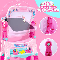 Hoarosall pink easel in use demonstrates quick setup for busy parents and toddlers, ideal for practice