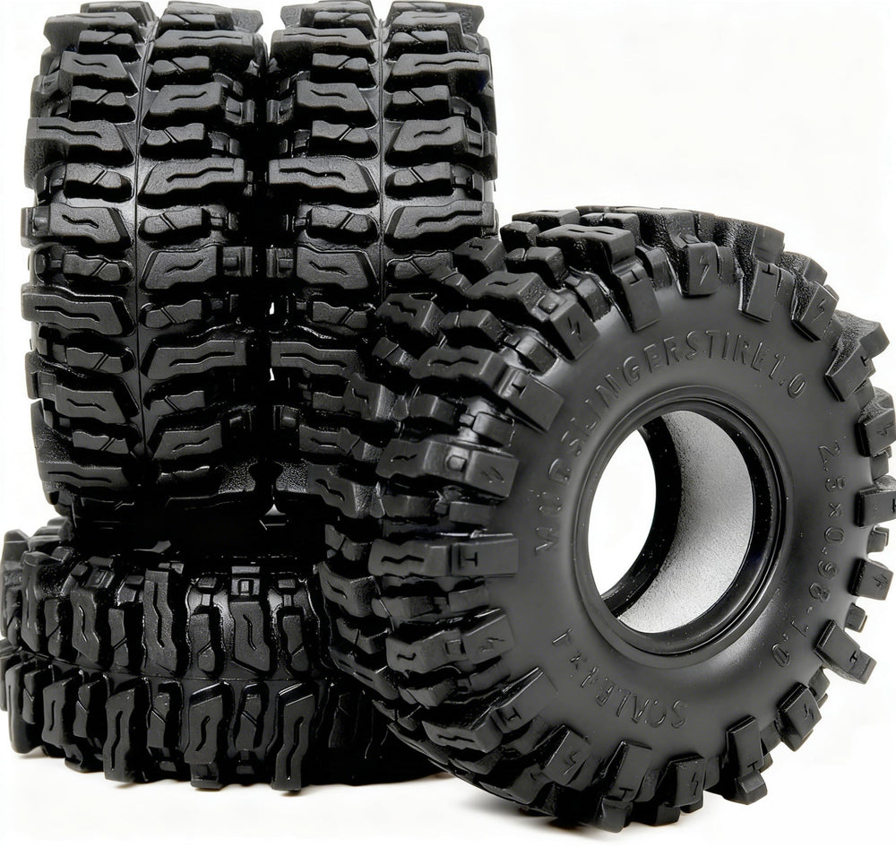 Hobbysoul 1.0 tires with 64x25mm tread pattern deliver strong grip on loose surfaces.