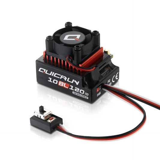 HOBBYWING Quicrun 10BL120 G2 front view, compact sensored ESC for 1/10 scale cars.