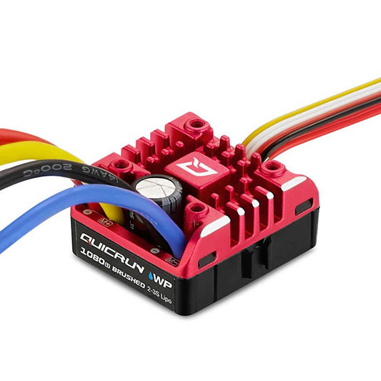 Hobbywing QUICRUN WP 1080 G2 ESC front view highlighting waterproof protection for all-weather RC racing.