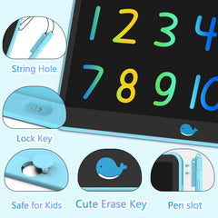 Lock key keeps saved sketches on blue Hockvill writing tablet