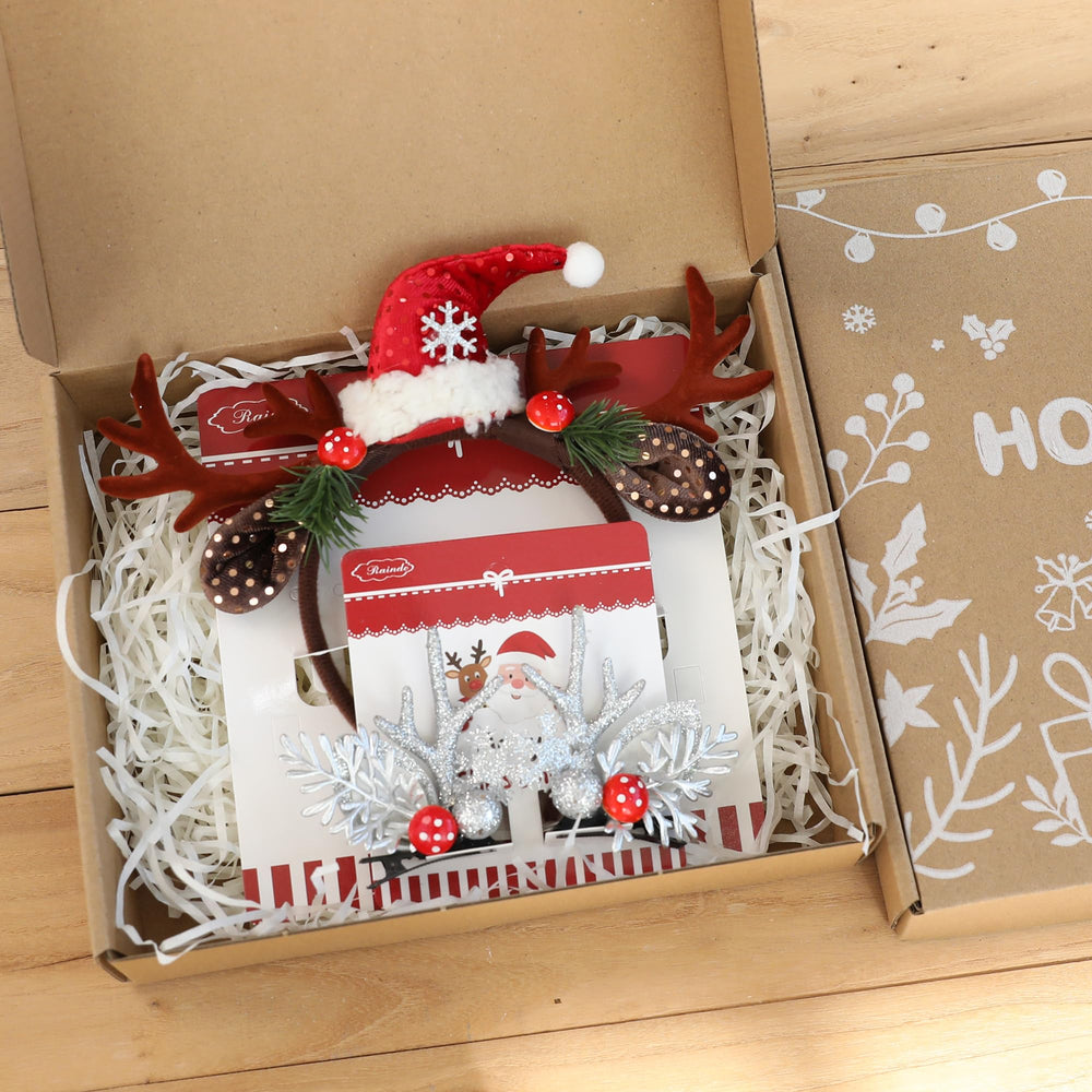 HODIHIWI Santa hat with antler headband creates whimsical Christmas look.