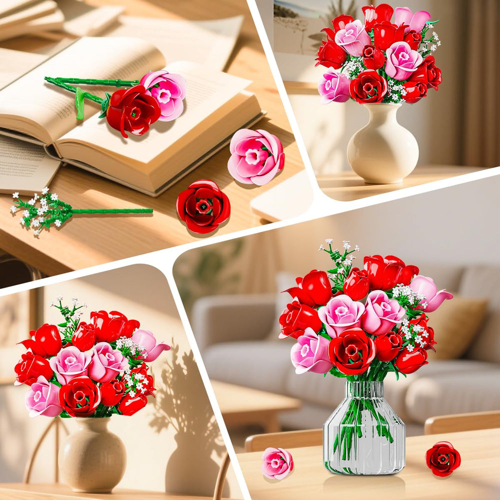 HOGOKIDS rose bouquet building blocks with varied heights for display.