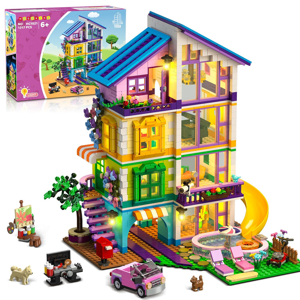 HOGOKIDS Girls House Building Set with LED Light showcases colorful walls and cozy illumination.