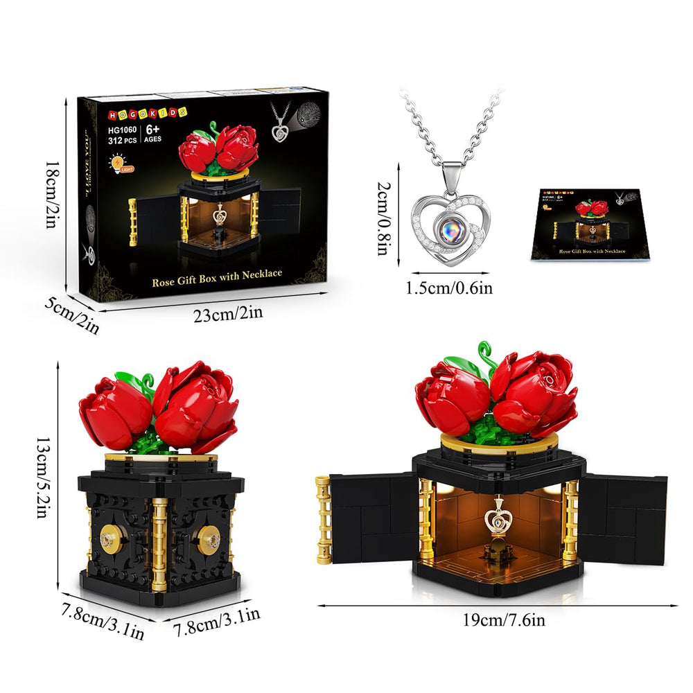 HOGOKIDS rose box with heart necklace engraved in 100 languages