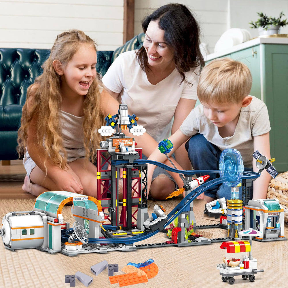 HOGOKIDS Space Roller Coaster earth and satellites enhance storytelling and spatial awareness.