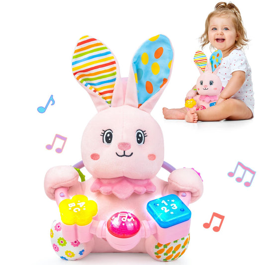 Holaxander baby rabbit musical toy with light-up buttons supports early learning.