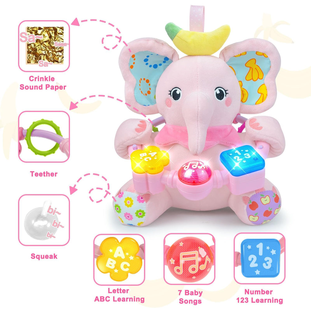 Holaxander elephant toy with crinkle ears for textured sensory exploration.