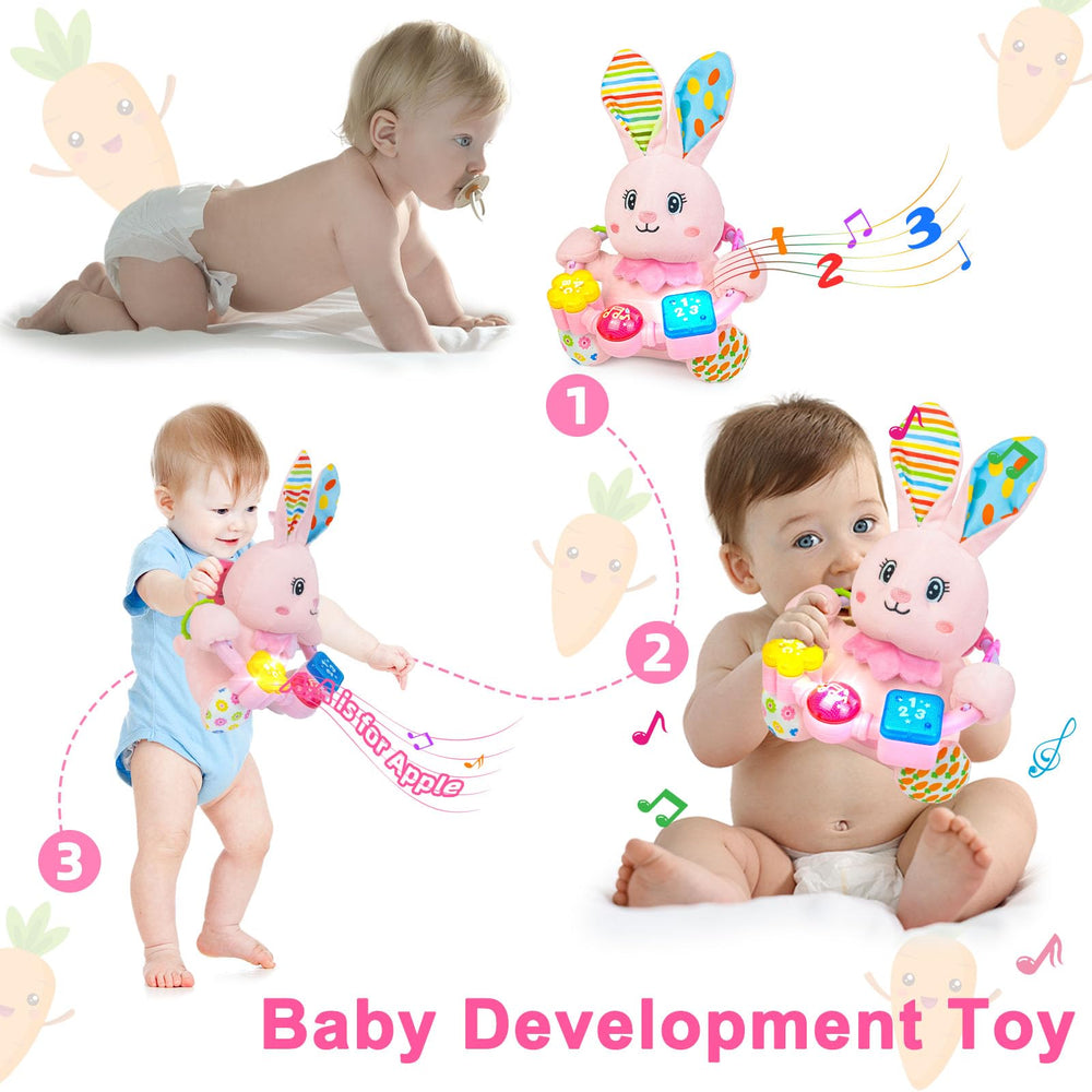 Holaxander rabbit light-up buttons invite infant interaction and bilingual exposure.